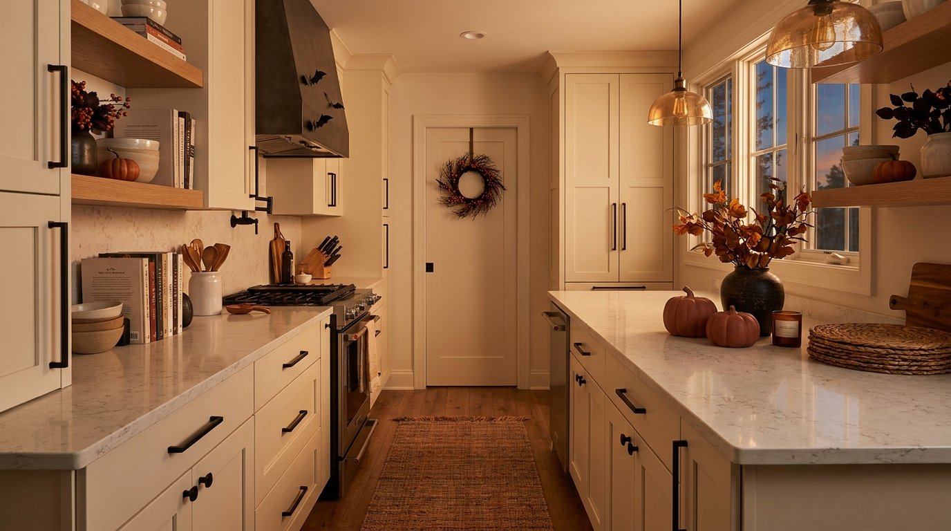 Warm modern kitchen styled with a balanced Halloween color palette of matte black hardware, cream cabinets, and muted terracotta pumpkins