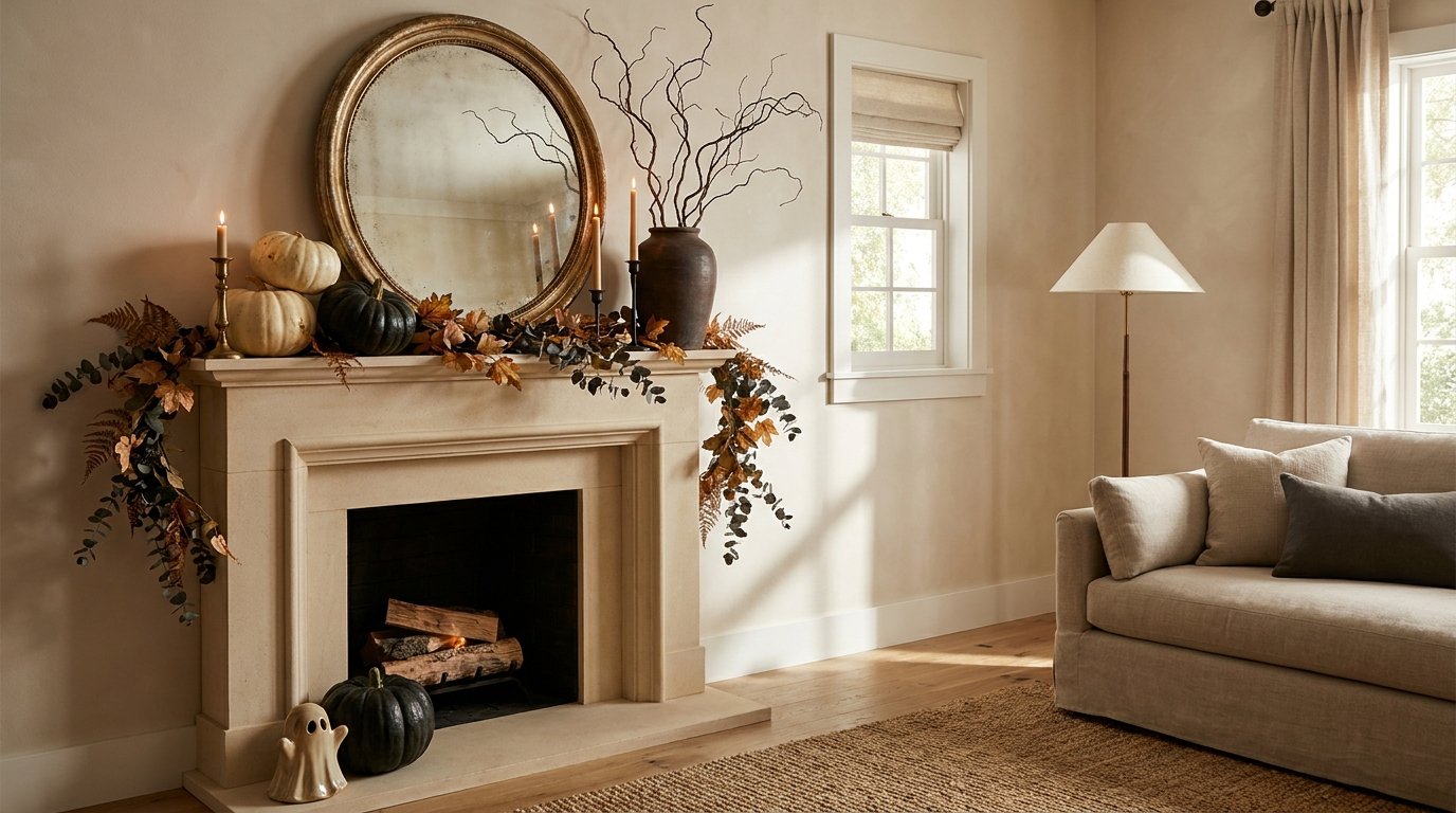 Autumn living room mantel blending rustic dried eucalyptus and wheat with black pumpkins, dark branches, and a little ghost figurine