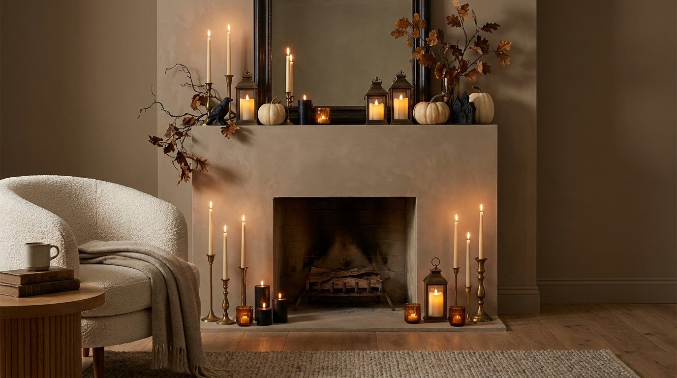 Warm evening living room fireplace glowing with black and ivory taper candles, lanterns, and mini pumpkins on the mantel and hearth