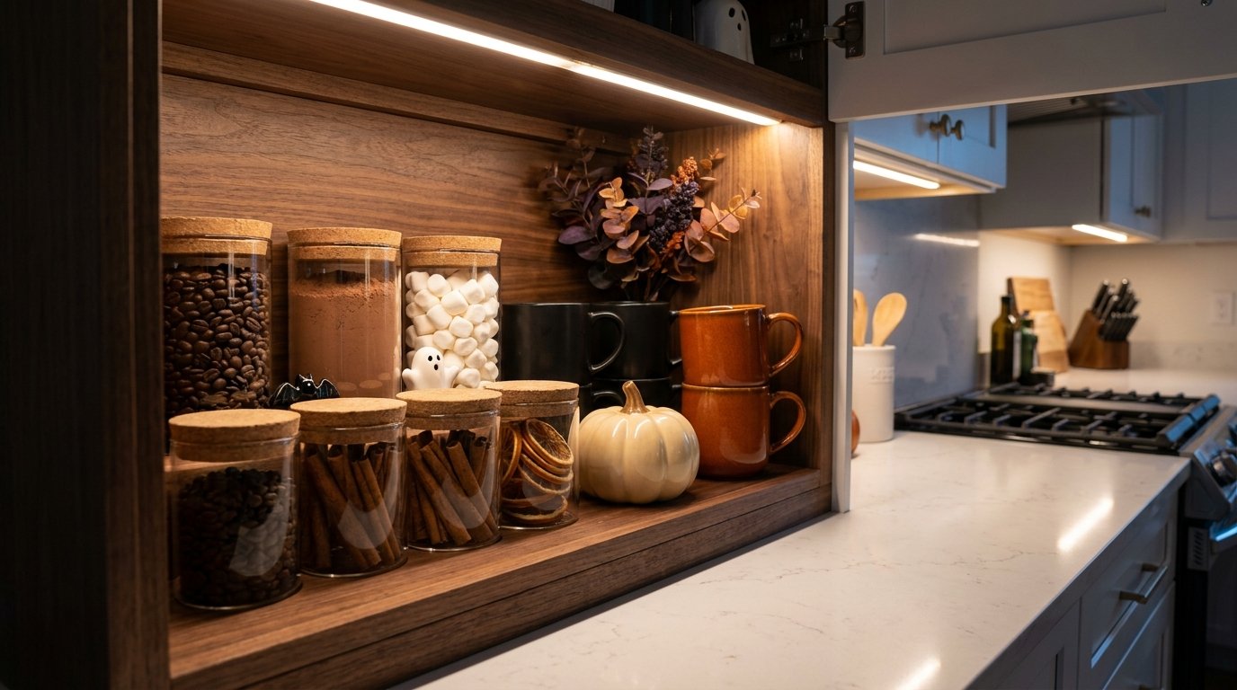 Built-in walnut beverage pantry nook organized with glass canisters of treats, dark ceramic mugs, and a white ceramic pumpkin
