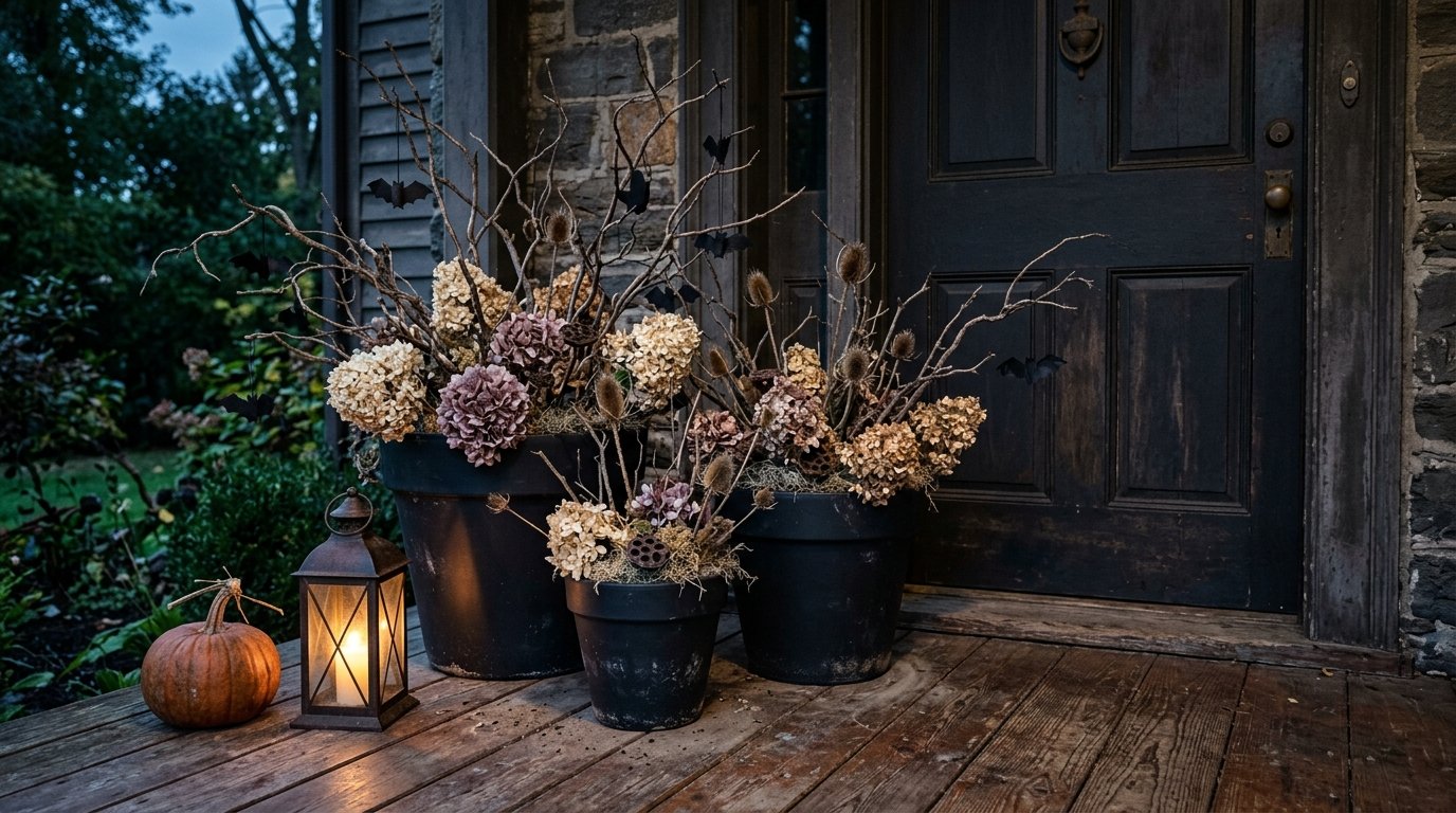 Matte black urn planters filled with tall bare branches, dried hydrangeas, thistles, and hanging bat ornaments