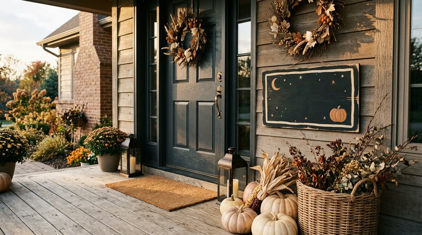 Rustic wooden chalkboard sign painted with a crescent moon and pumpkin hanging beside a decorated front porch door