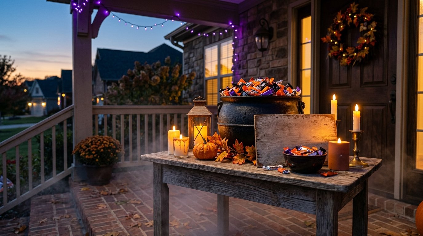 Outdoor candy station set up on a porch table with a large witch's cauldron overflowing with treats, candles, and signage