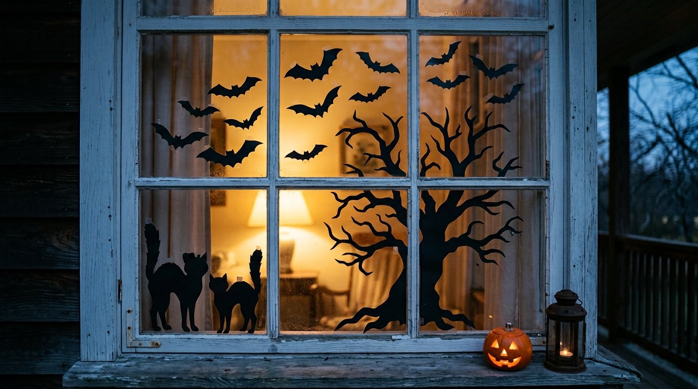 Illuminated multi-pane window decorated with black cardstock cutouts of flying bats, cats, and a spooky barren tree