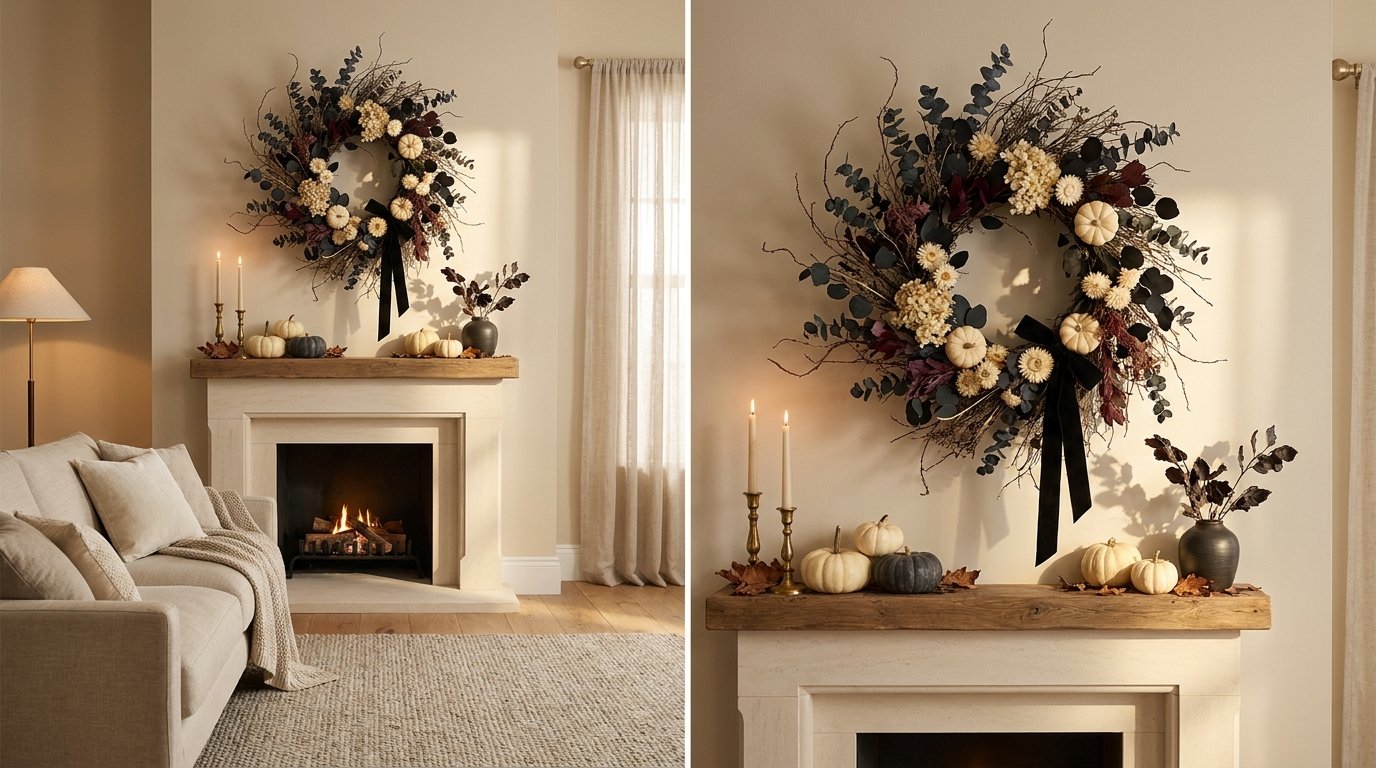 Large dark twig wreath filled with dried florals, black eucalyptus, and a velvet ribbon hanging above a fireplace mantel