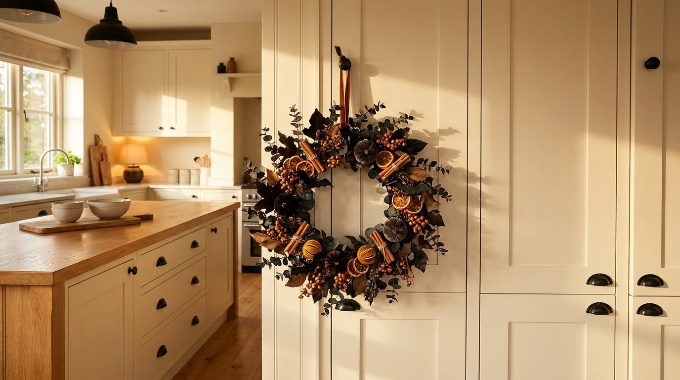 Kitchen pantry door featuring a hanging autumn wreath of dried orange slices, dark leaves, and cinnamon sticks