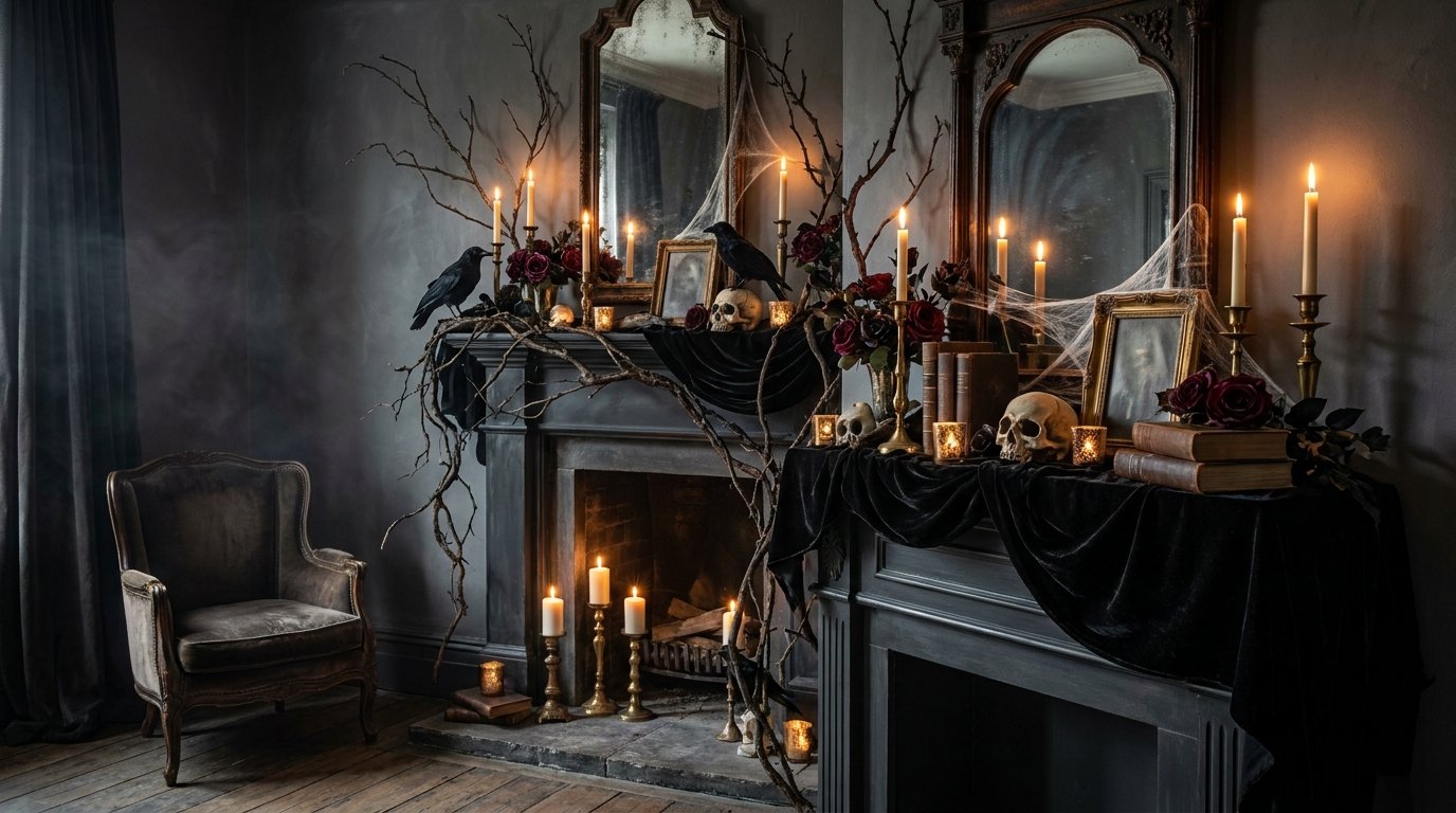 Full haunted house mantel scene styled with sheer cobwebs, black velvet drapes, weathered mirrors, skulls, ravens, and candle glow