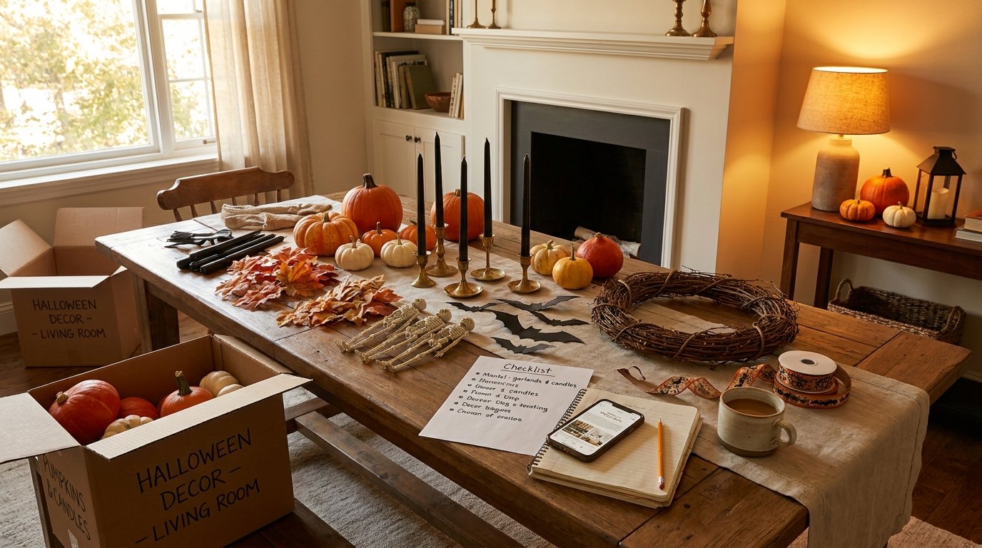 Dining table laid out with a decorating checklist, fresh pumpkins, brass candleholders, and a grapevine wreath for planning