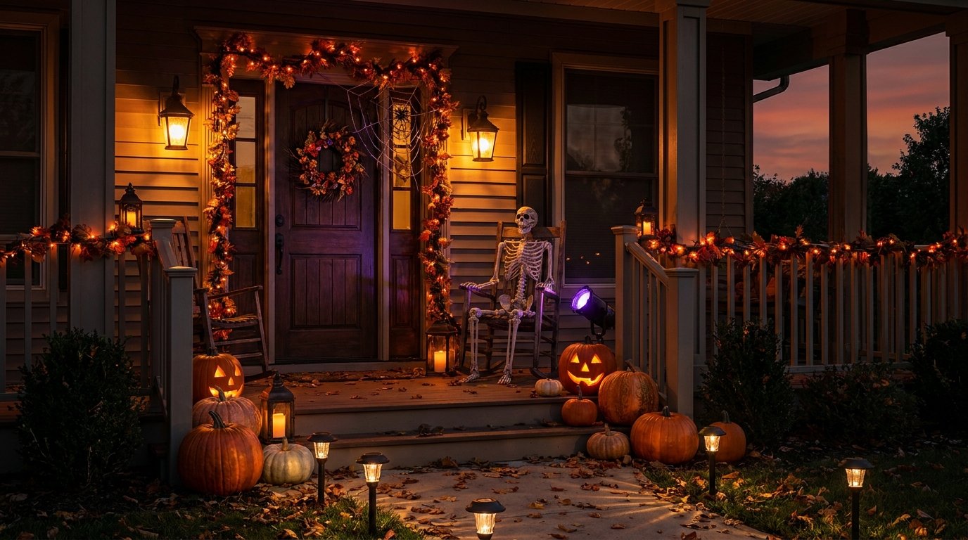 Front porch warmly illuminated at dusk with carved glowing jack-o'-lanterns, pathway lights, and an orange leaf garland wrapping the entry