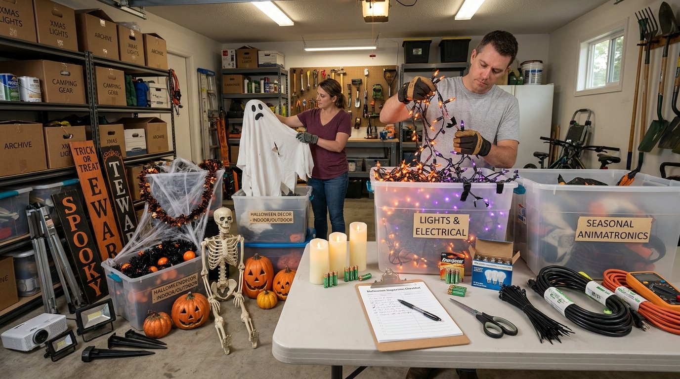 Couple organizing Halloween decor in a garage, sorting through labeled storage bins, testing string lights, and checking off an inventory list