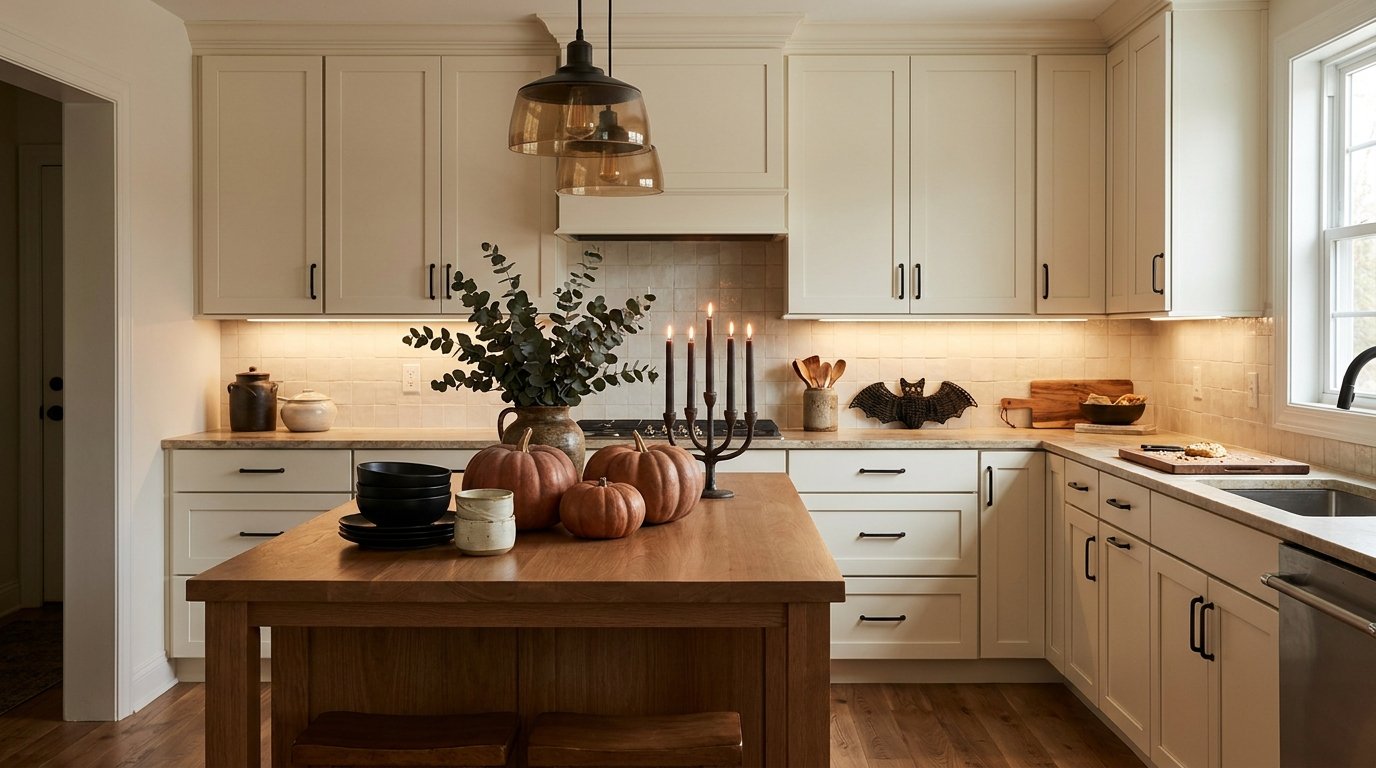 Warm white kitchen centered around a clutter-free kitchen island with a candelabra, heirloom pumpkins, and eucalyptus vase