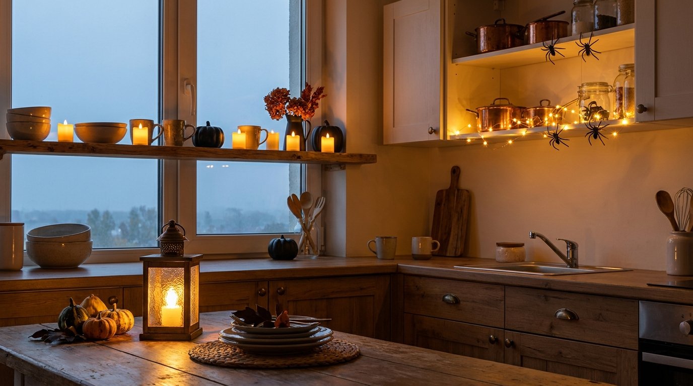 Kitchen windowsill and open shelves bathed in ambient evening light from battery-operated pillar lanterns and warm fairy lights