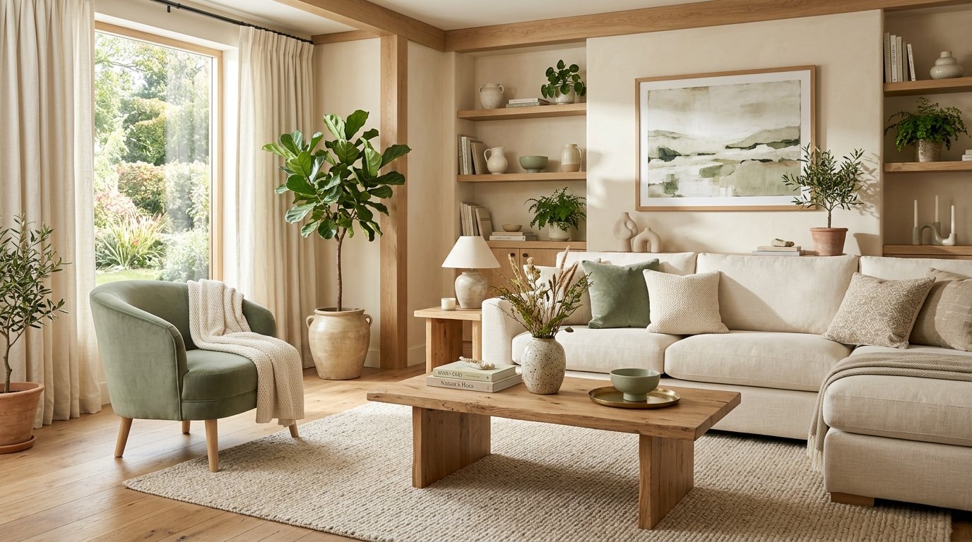 Cohesive living room designed around a calming palette of warm cream, natural oak, and muted sage green accents