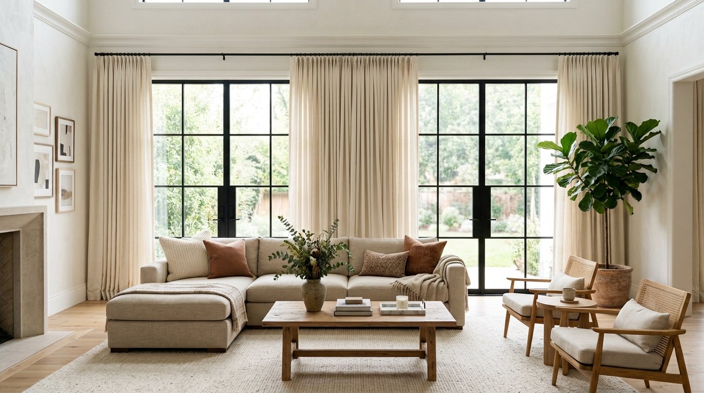 Floor-to-ceiling ivory curtains hung high above tall black-framed windows creating vertical height in a living room