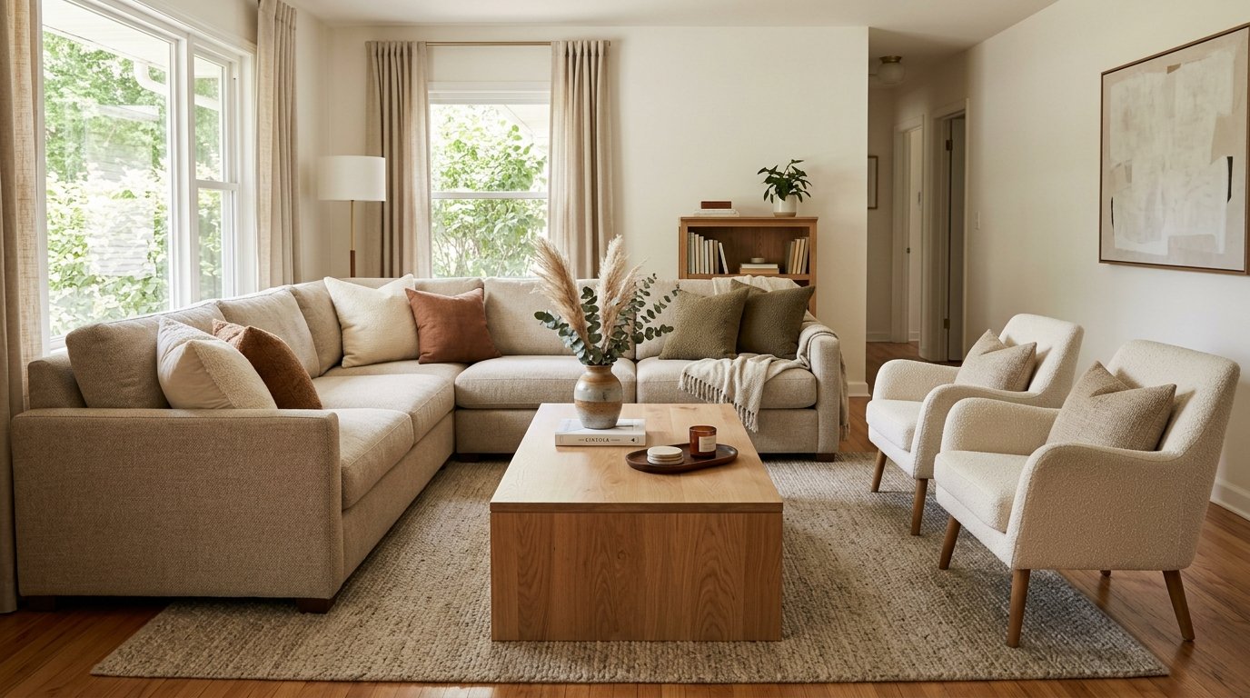 Proportionate rectangular oak coffee table placed comfortably within reach of a large sectional sofa and armchairs