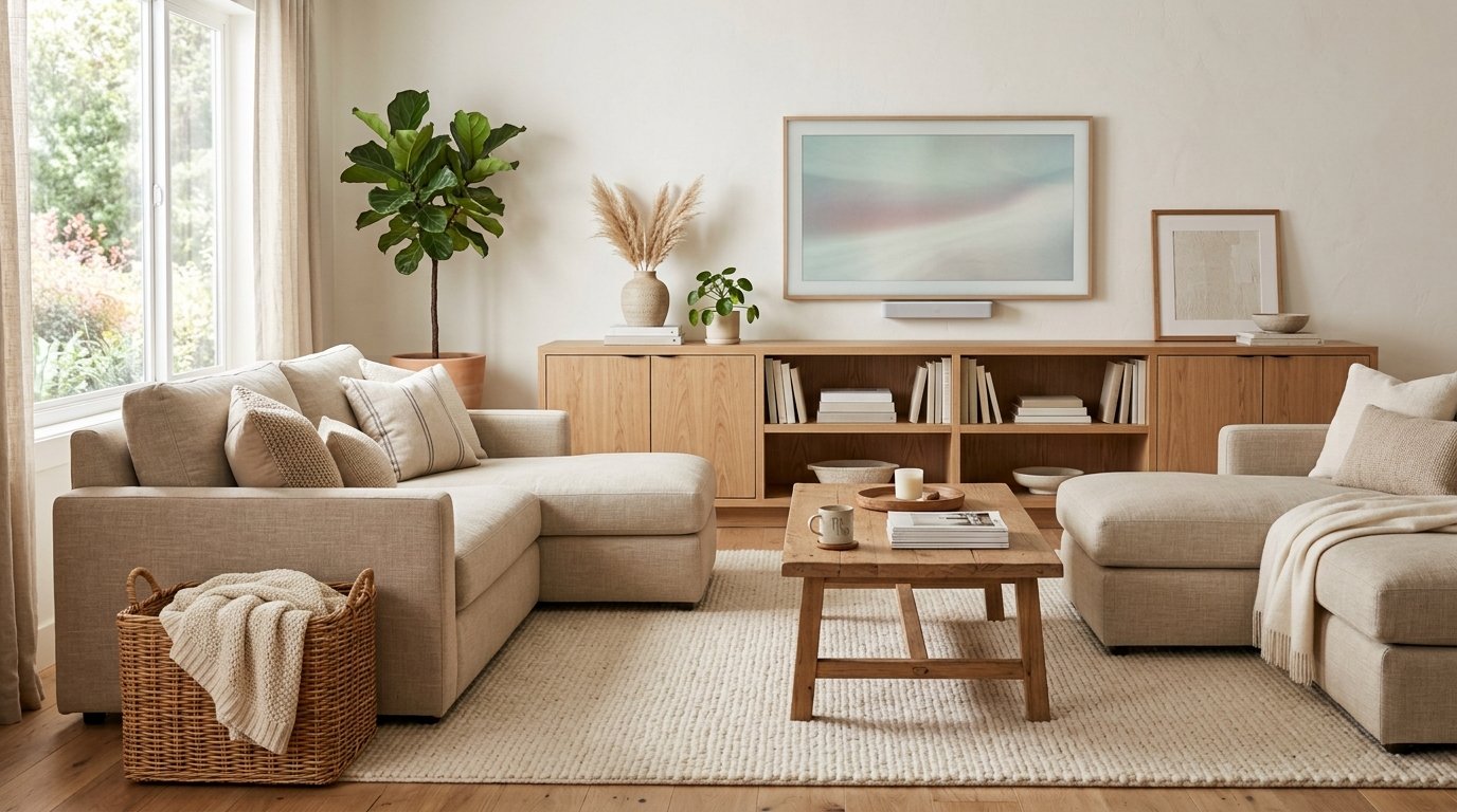 Low oak media console offering a practical combination of closed cabinet storage and open display shelving
