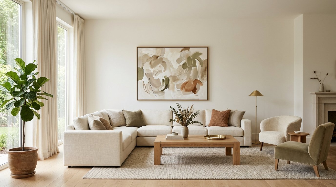Living room with furniture placed first and a single large abstract artwork centered above the sectional sofa