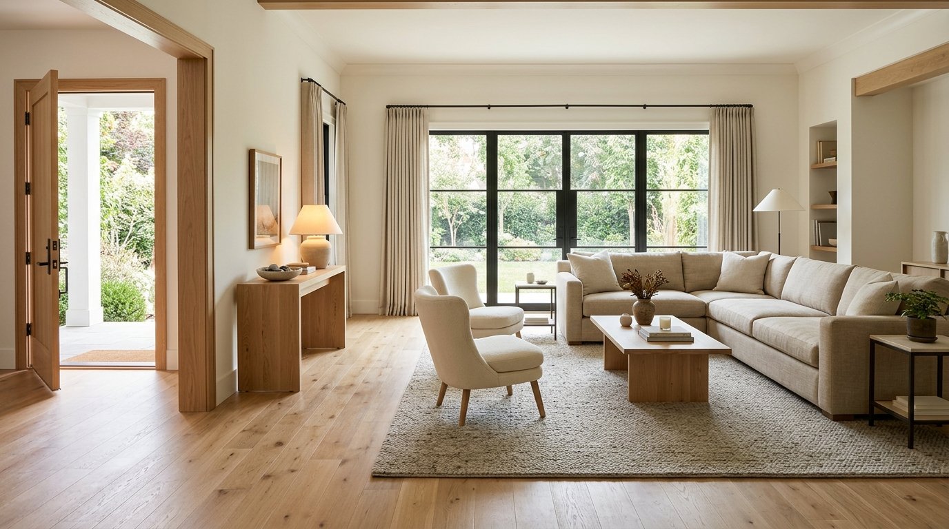 Open living room layout maintaining a clear unobstructed walking corridor from the doorway through the seating area