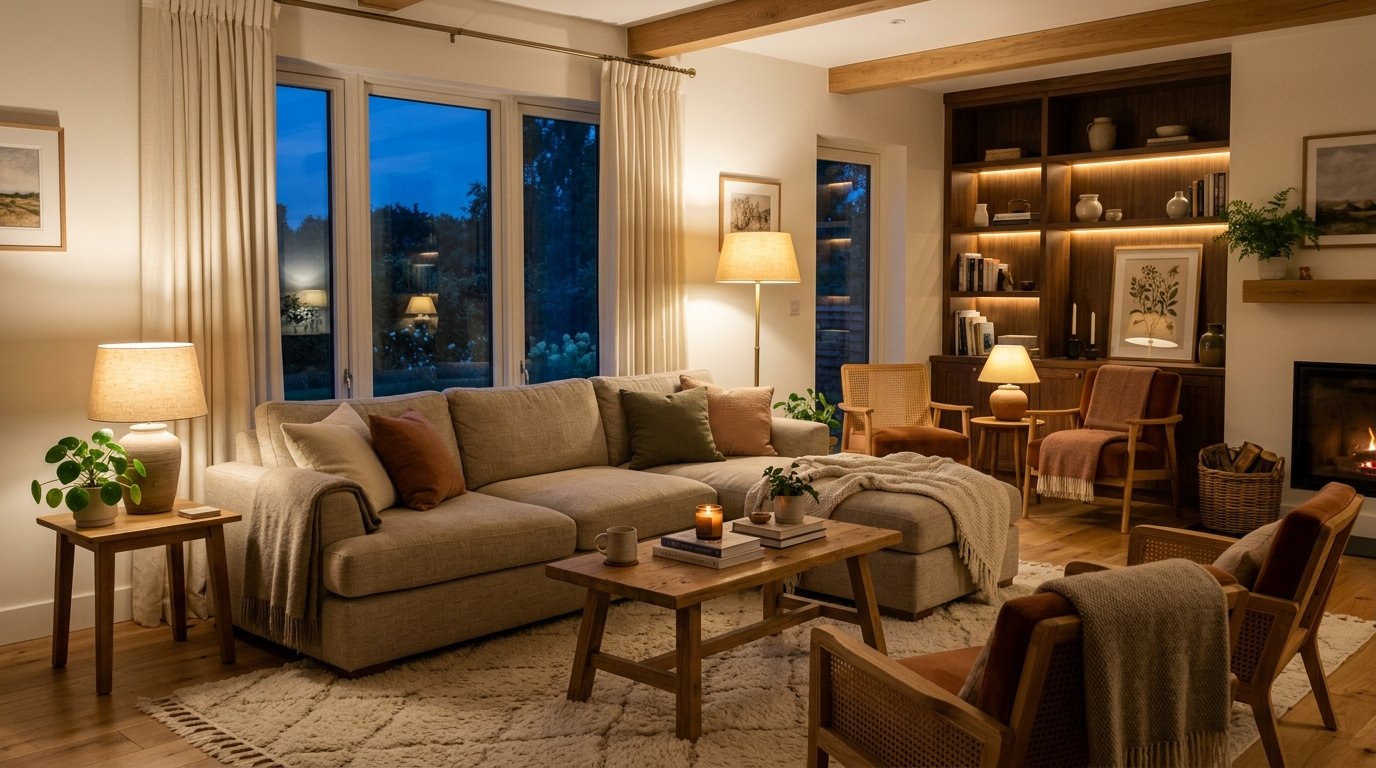 Warm evening living room illuminated by layered ambient lighting including floor lamps, table lamps, and lit shelving