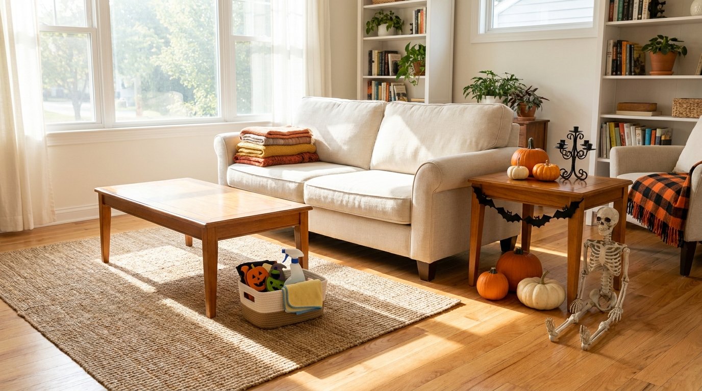Bright, decluttered living room with a cleaning caddy on the coffee table, cleared side tables, and freshly vacuumed rug ready for decorating