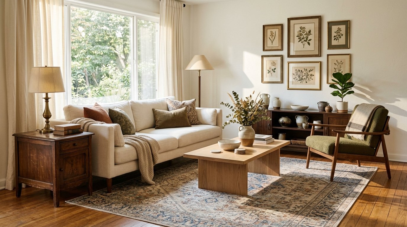 Living room featuring a modern cream sofa combined with a vintage dark walnut side table and mid-century olive green armchair