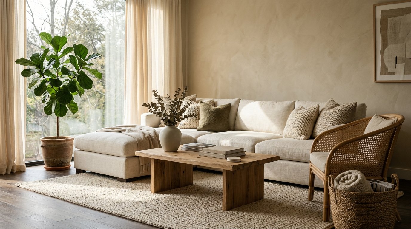 Living room styled with rich tactile layers including a woven wool rug, linen upholstery, wooden coffee table, and rattan armchair