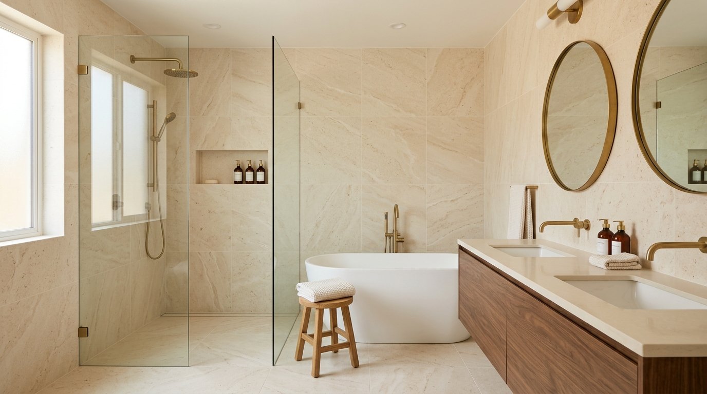 Luxurious bathroom clad in continuous floor-to-ceiling beige travertine stone tiles surrounding a glass shower and tub