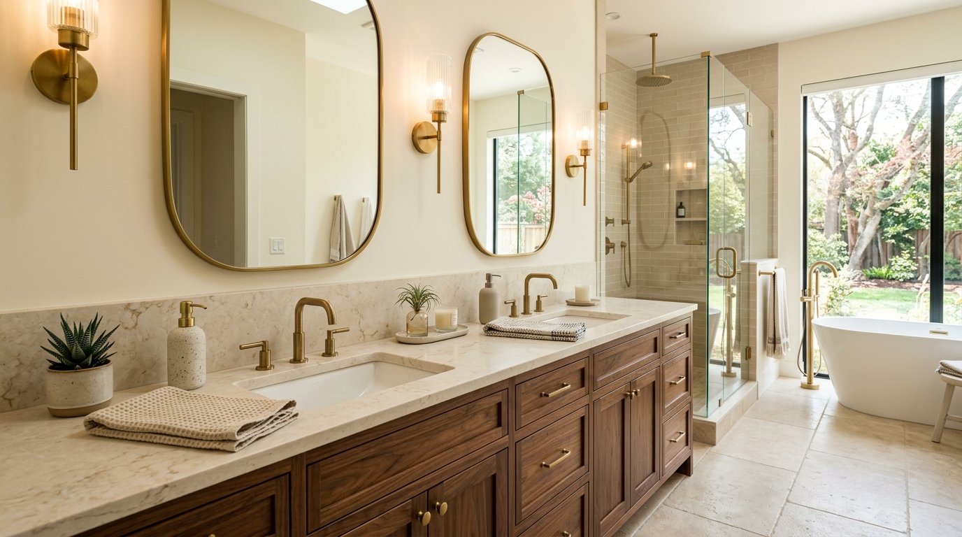 Long floating walnut double vanity with dual undermount sinks, twin arched brass mirrors, and fluted glass sconces