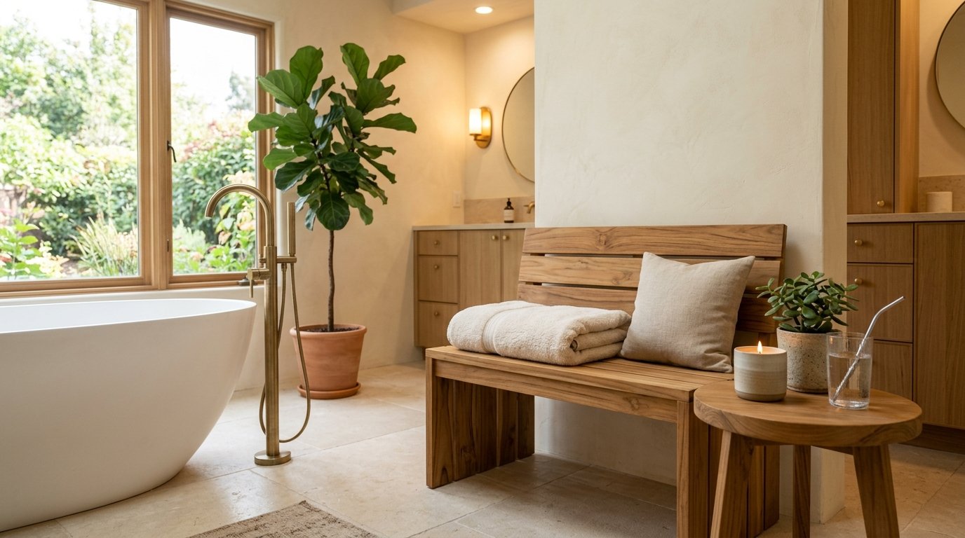 Luxurious bathroom seating corner with a slatted wooden bench, linen pillow, rolled bath sheet, and potted plant
