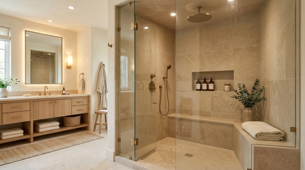 Spacious walk-in spa shower with frameless glass doors, natural stone tiles, rainfall showerhead, and a built-in corner bench