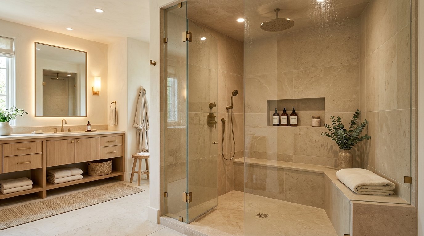 Spacious walk-in spa shower with frameless glass doors, natural stone tiles, rainfall showerhead, and a built-in corner bench