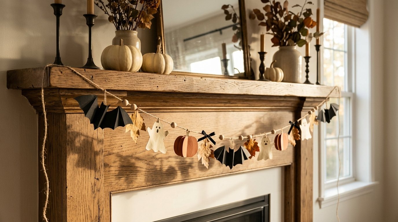 Fireplace mantel draped with a handmade garland of wooden beads, paper bats, cutout ghosts, and paper pumpkins