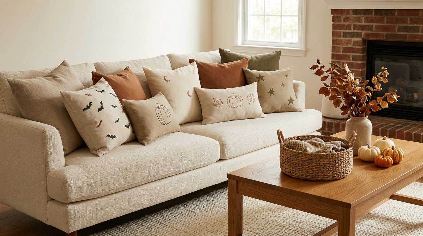 Living room sofa styled with neutral accent pillows decorated with simple line-art pumpkins, flying bats, and stars