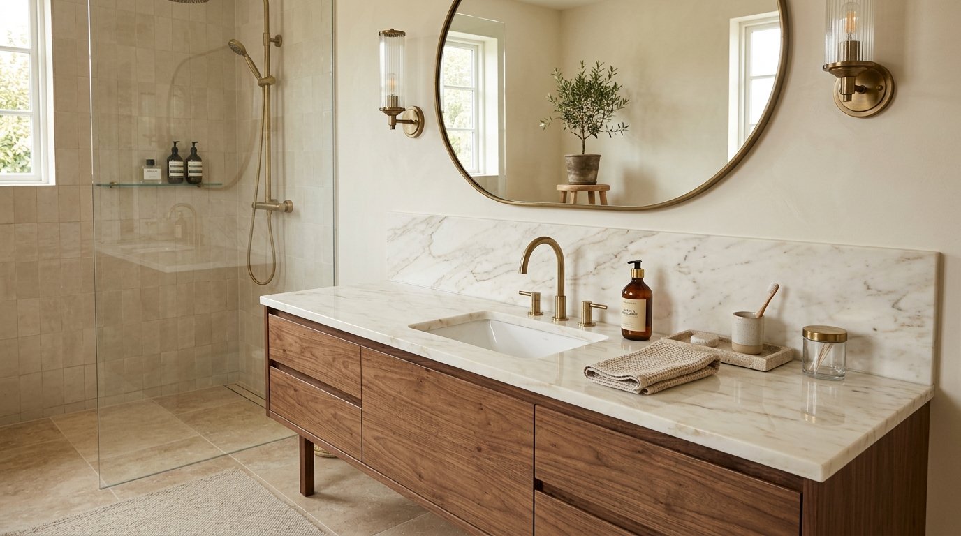 Walnut wood vanity topped with a thick slab of veined Calacatta marble on the countertop and backsplash ledge