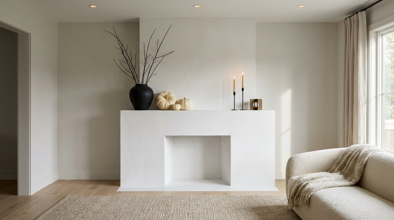 Modern minimalist white plaster fireplace styled with a matte black branch vase, three cream pumpkins, and slender black tapers