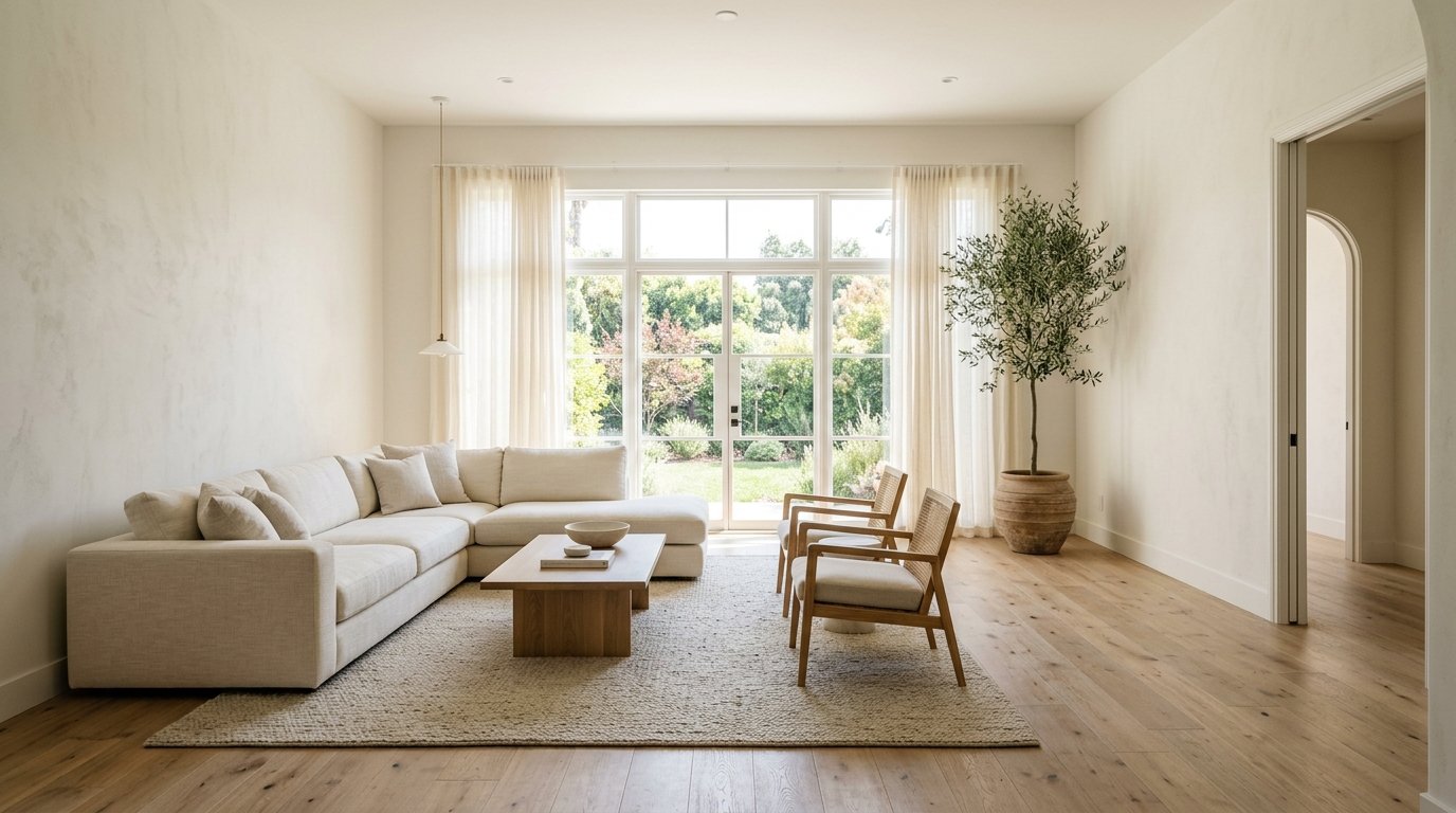 Spacious minimalist living room with ample negative space between the sectional sofa, armchairs, and an indoor potted olive tree