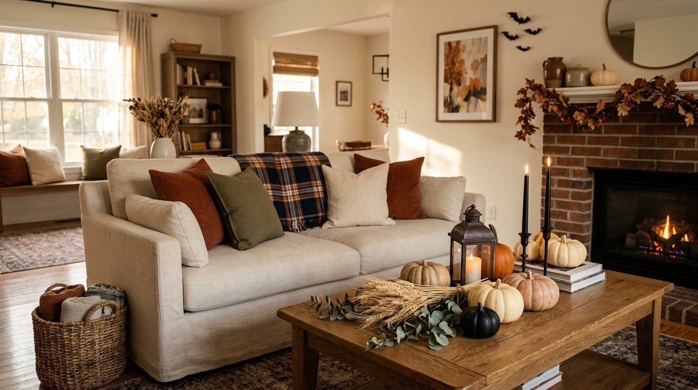 Living room coffee table blending classic fall elements with subtle Halloween accents like black taper candles and small bats