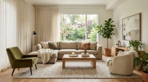 Modern living room centered around a deep neutral sectional sofa with comfortable conversation chairs and natural light
