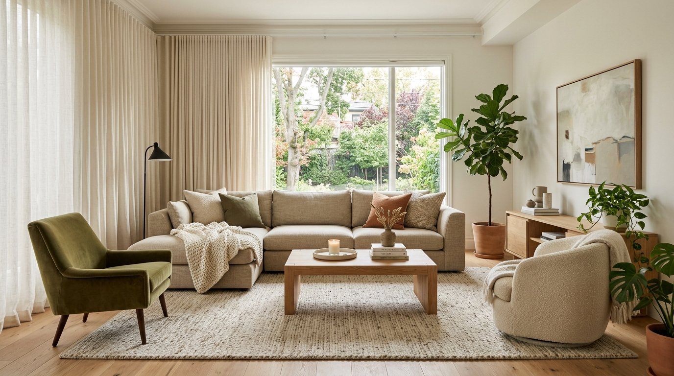 Modern living room centered around a deep neutral sectional sofa with comfortable conversation chairs and natural light