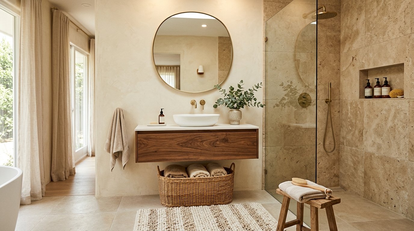 Warm neutral bathroom blending multiple tones of cream, taupe stone tiles, walnut vanity cabinetry, and linen curtains