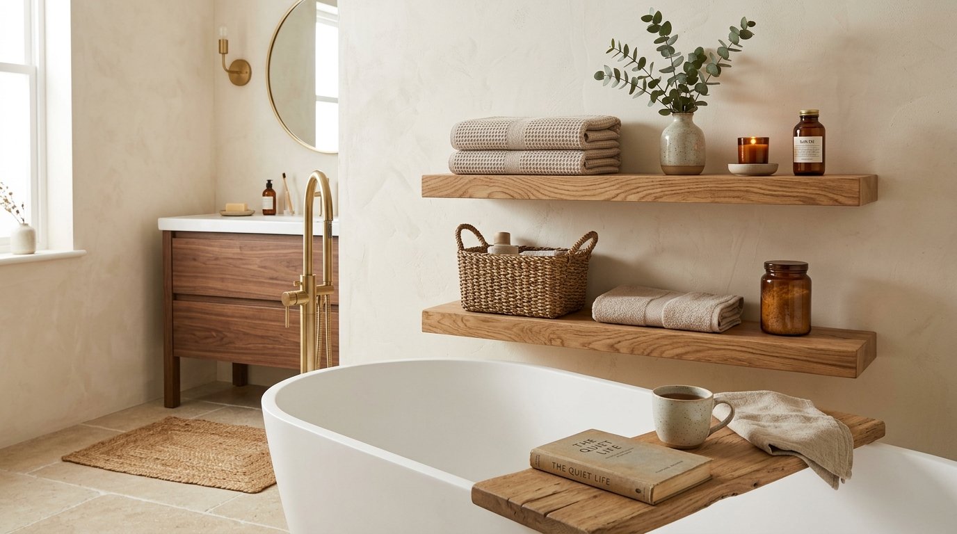 Floating thick-edge natural oak open shelves above a bathtub displaying folded waffle towels, baskets, and amber bottles