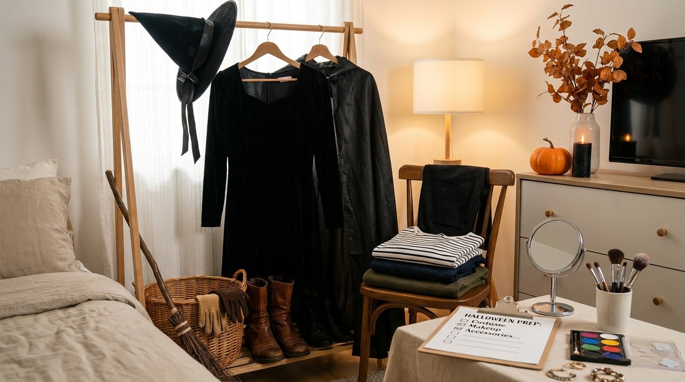 Bedroom corner with a wooden clothes rack holding a witch costume, velvet dress, cape, broomstick, makeup palette, and checklist