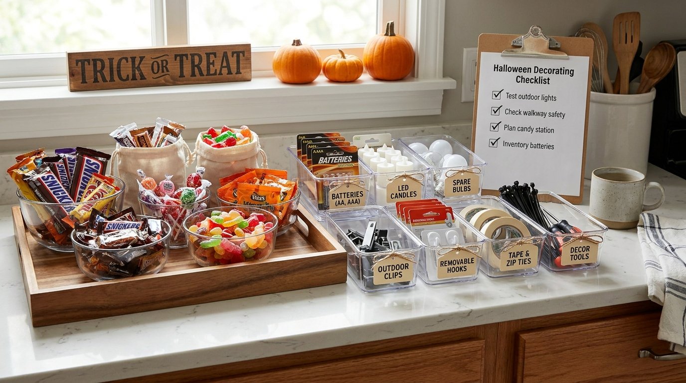 Kitchen counter tray organized with clear bins of batteries, LED candles, zip ties, outdoor clips, tape, and bowls of Halloween candy