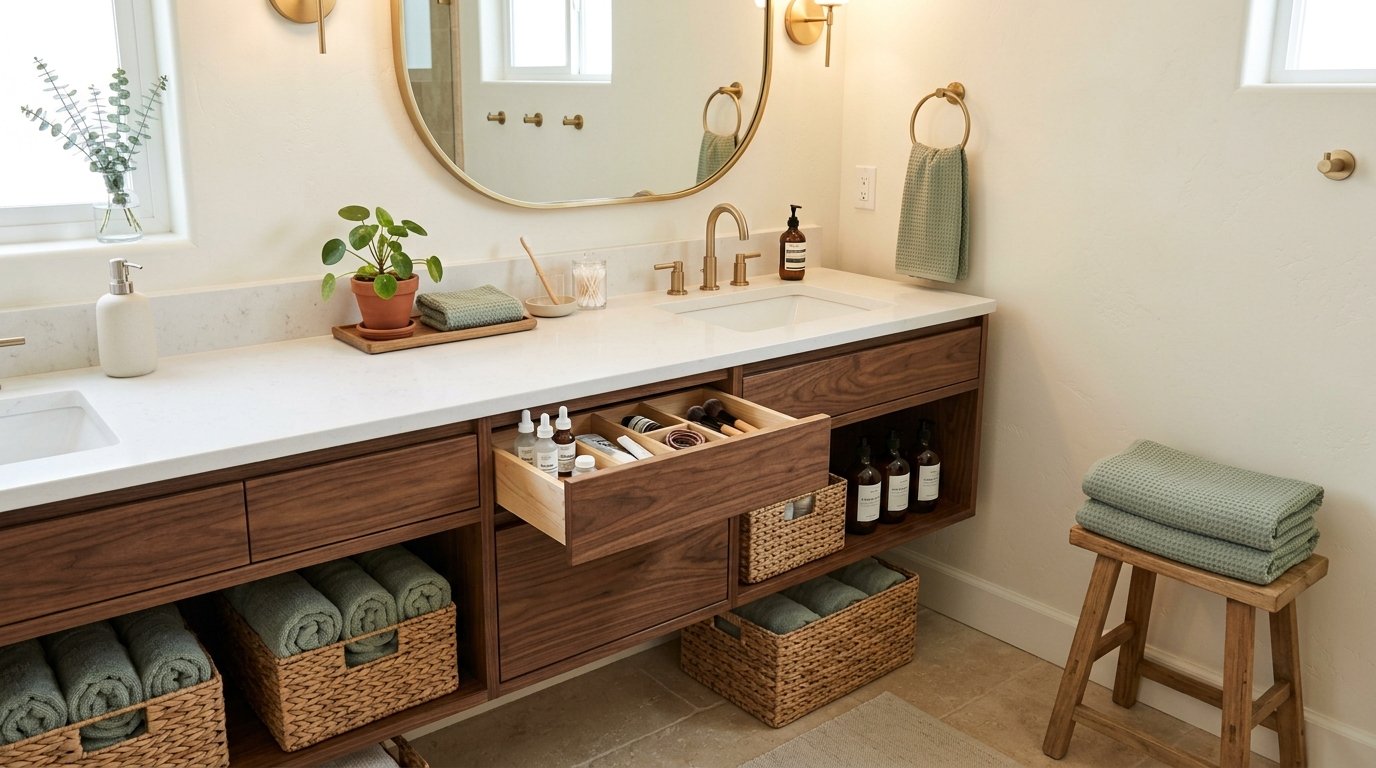 Neatly organized bathroom vanity drawers with wooden dividers keeping cosmetics, skincare, and towels sorted