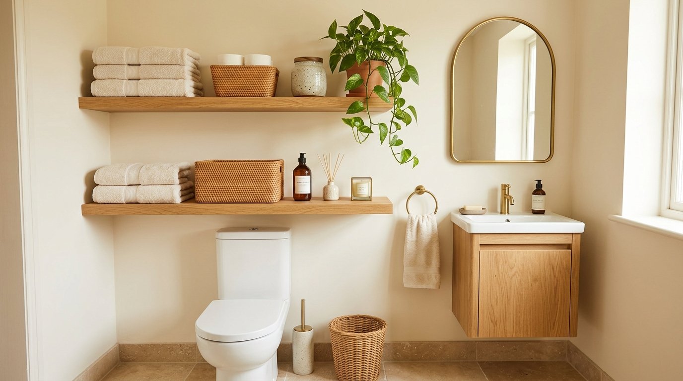 Two natural oak floating shelves installed above a toilet styled with neatly stacked towels, woven baskets, and a potted pothos