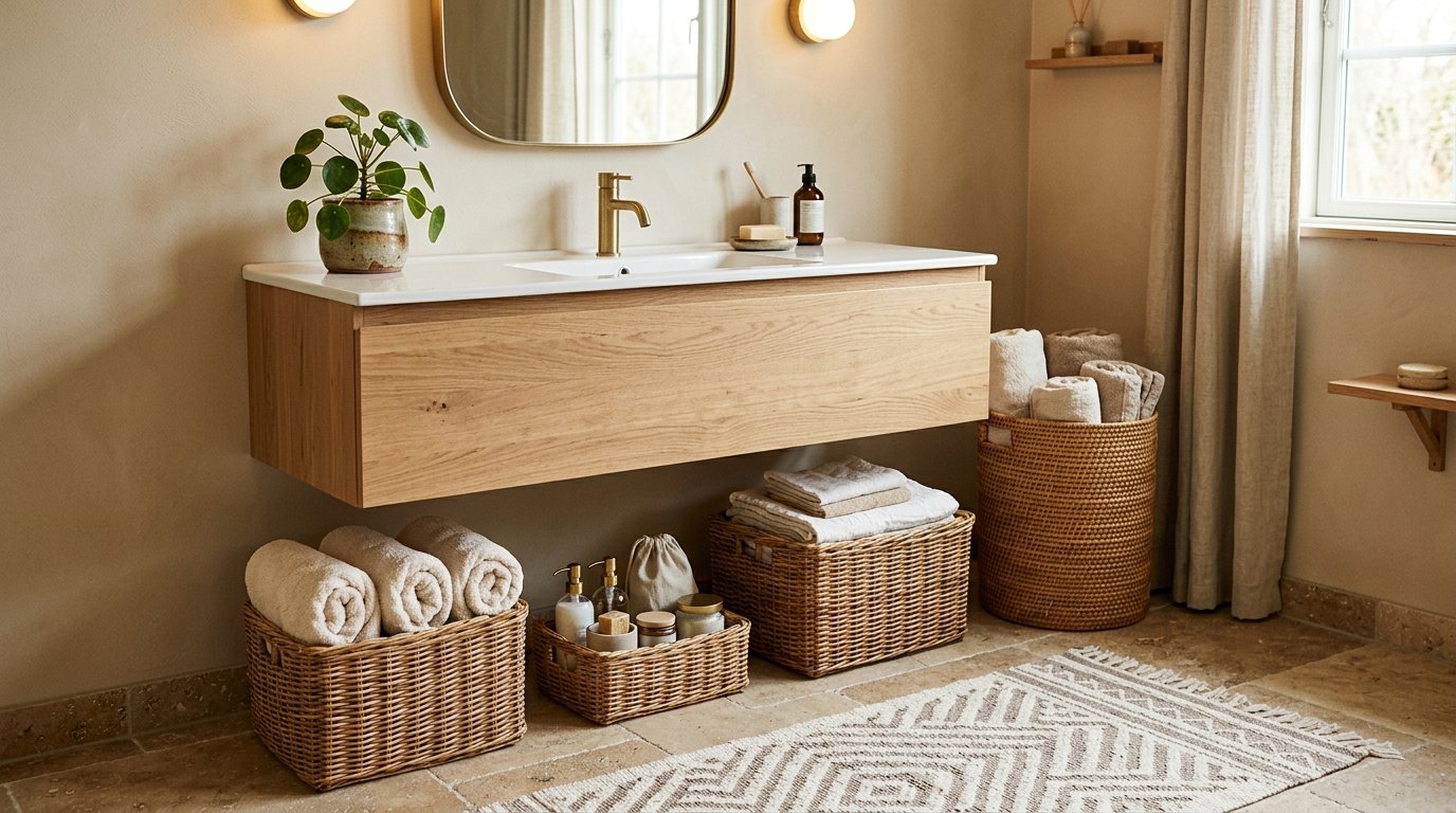 Natural woven wicker baskets arranged beneath an open floating vanity holding clean rolled towels and essentials