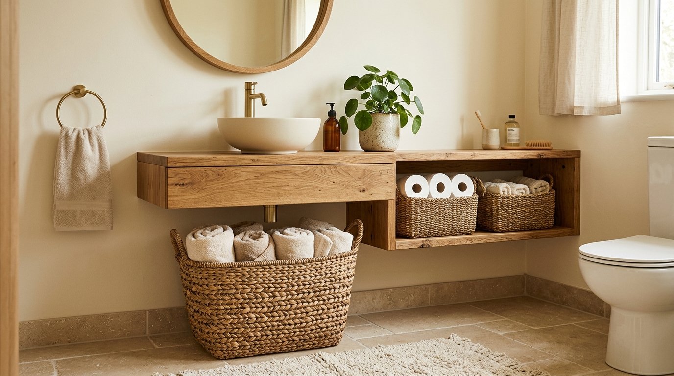 Natural woven wicker floor hamper and matching storage baskets tucked into an open vanity cubby holding rolled towels