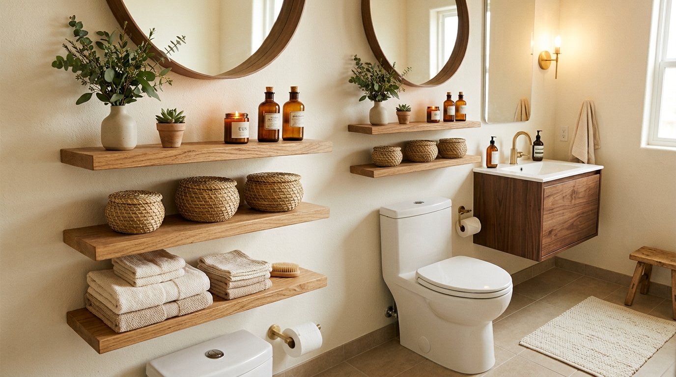 White bathroom walls featuring floating natural oak shelves styled with rolled waffle towels, lidded baskets, and amber bottles