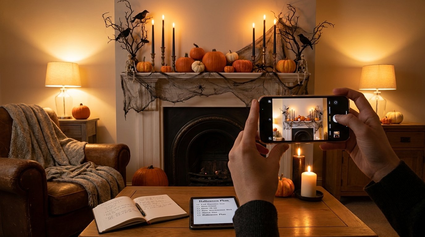 First-person perspective of someone using a smartphone to photograph their styled Halloween fireplace mantel decor for future reference
