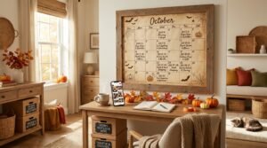 Home office desk with a large framed October calendar on the wall outlining a week-by-week Halloween decorating schedule
